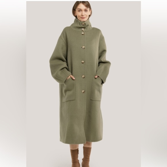 Funnel Collar Puff Sleeve Wool-Alpaca Coat (Army Green) - Gentle Herd - Picture 4 of 11